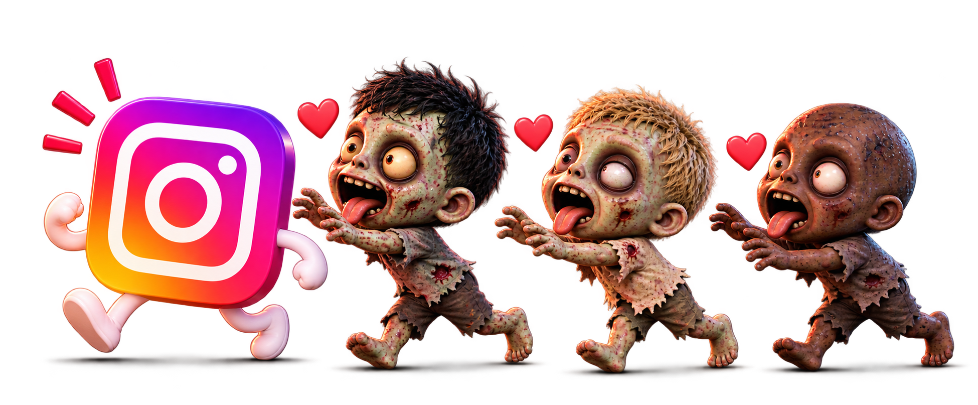 Logo do Instagram sendo seguido por três zumbis fofinhos
